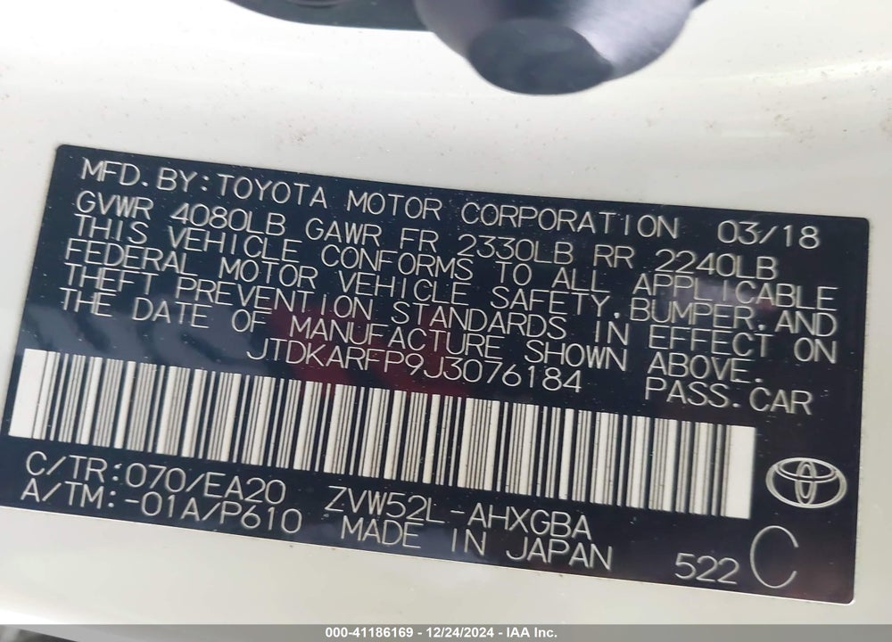 2018 TOYOTA PRIUS PRIME PREMIUM VIN: JTDKARFP9J3076184