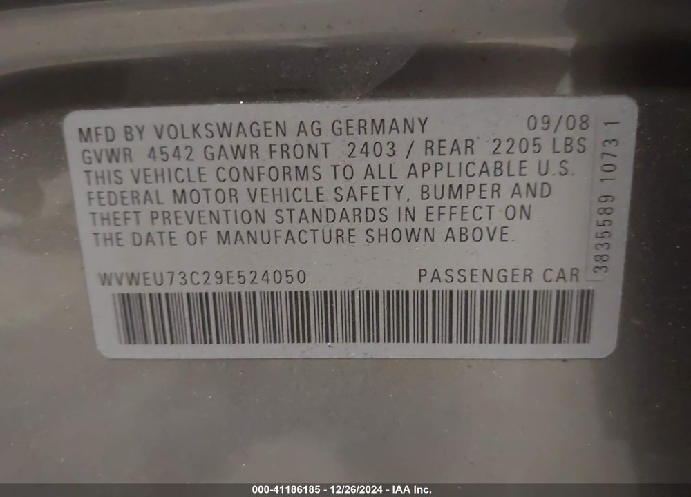 2009 VOLKSWAGEN CC VR6 SPORT VIN: WVWEU73C29E524050