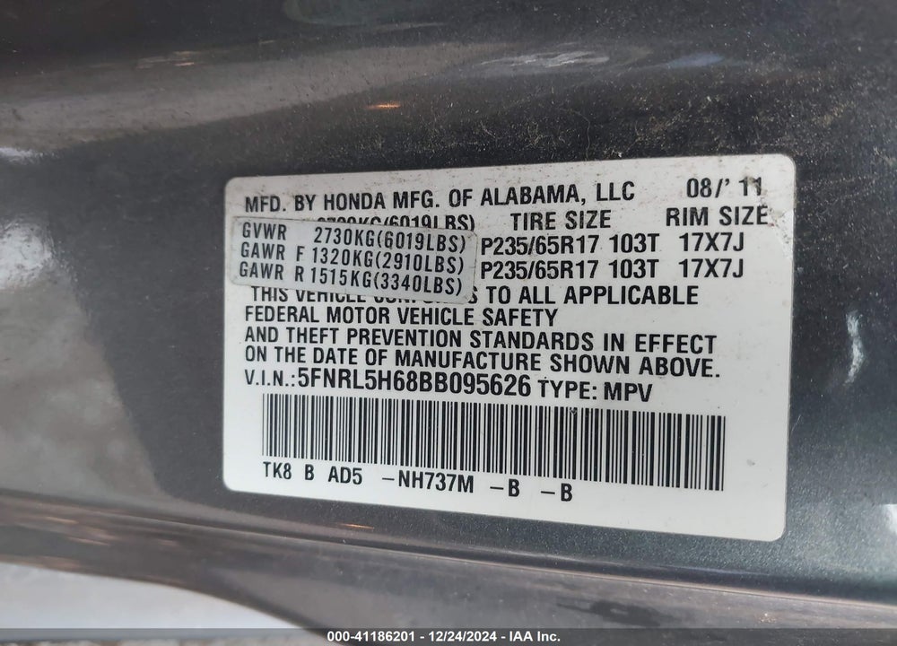 2011 HONDA ODYSSEY EX-L VIN: 5FNRL5H68BB095626