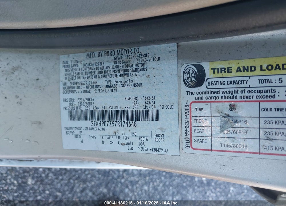 2007 FORD FUSION SE VIN: 3FAHP07Z57R174648