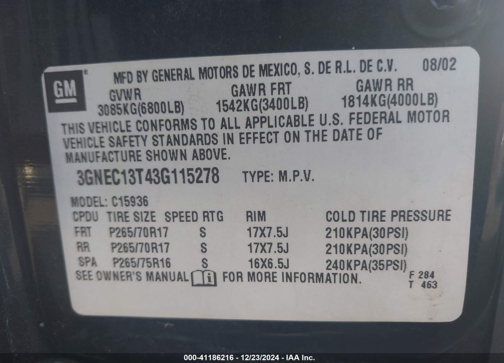 2003 CHEVROLET AVALANCHE 1500 VIN: 3GNEC13T43G115278