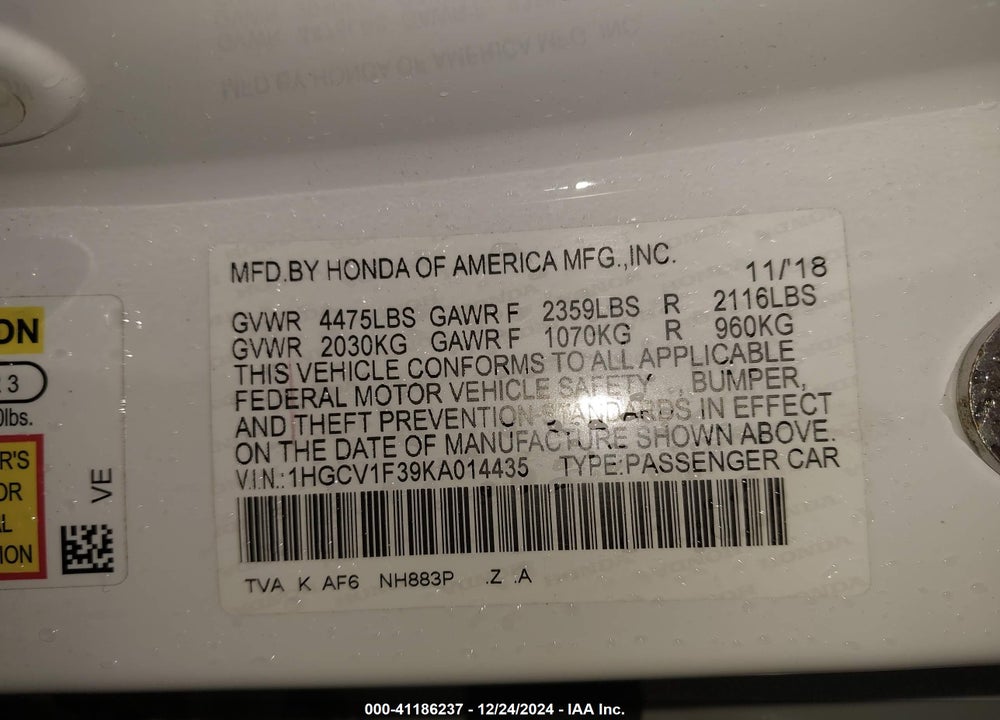 2019 HONDA ACCORD SPORT VIN: 1HGCV1F39KA014435