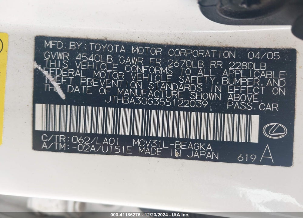 2005 LEXUS ES 330 VIN: JTHBA30G355122039