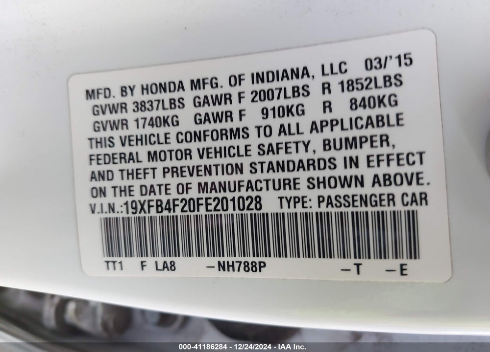 2015 HONDA CIVIC HYBRID VIN: 19XFB4F20FE201028