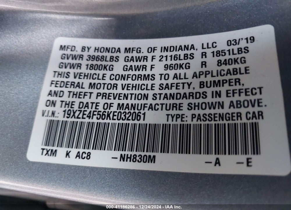 2019 HONDA INSIGHT EX VIN: 19XZE4F56KE032061