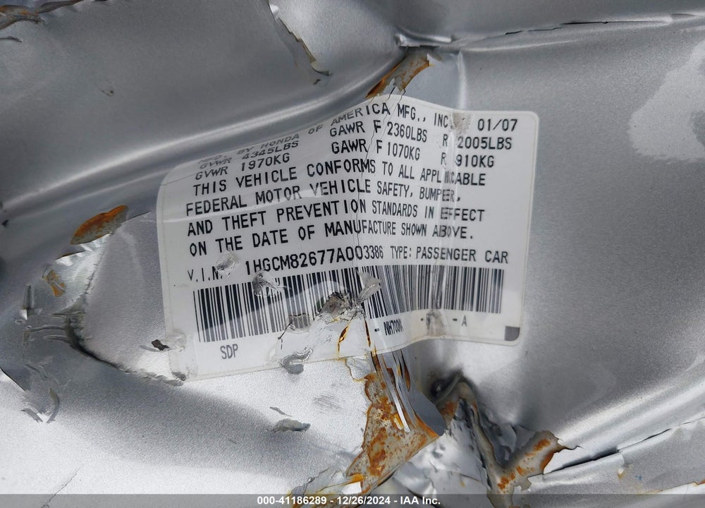 2007 HONDA ACCORD 3.0 EX VIN: 1HGCM82677A003386