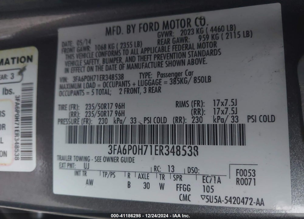 2014 FORD FUSION SE VIN: 3FA6P0H71ER348538