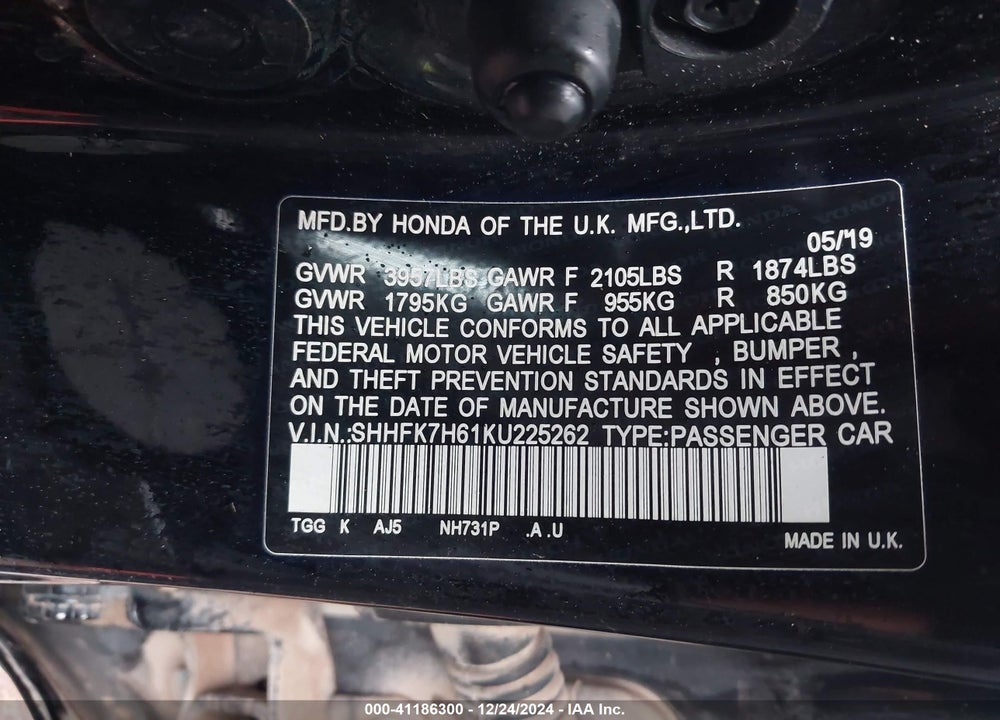 2019 HONDA CIVIC VIN: SHHFK7H61KU225262