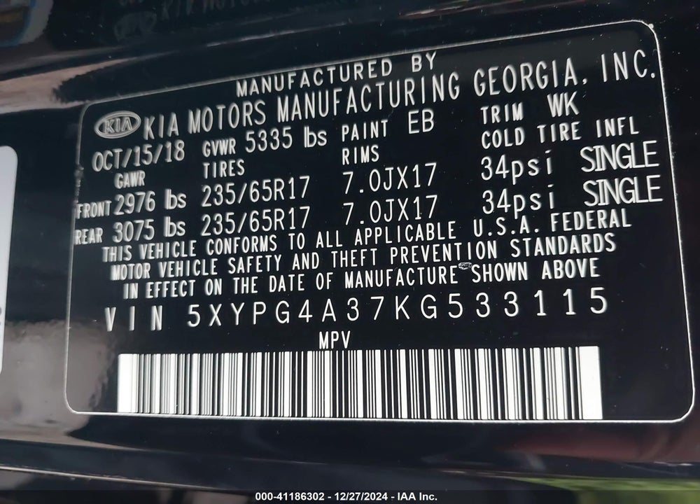 2019 KIA SORENTO 2.4L LX VIN: 5XYPG4A37KG533115