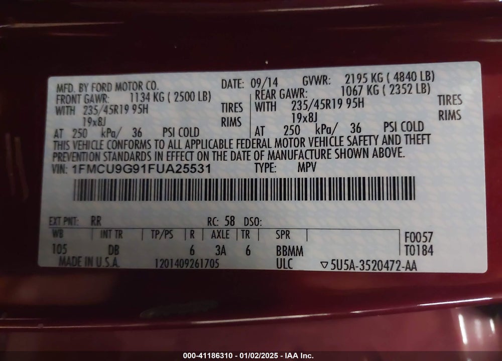 2015 FORD ESCAPE SE VIN: 1FMCU9G91FUA25531