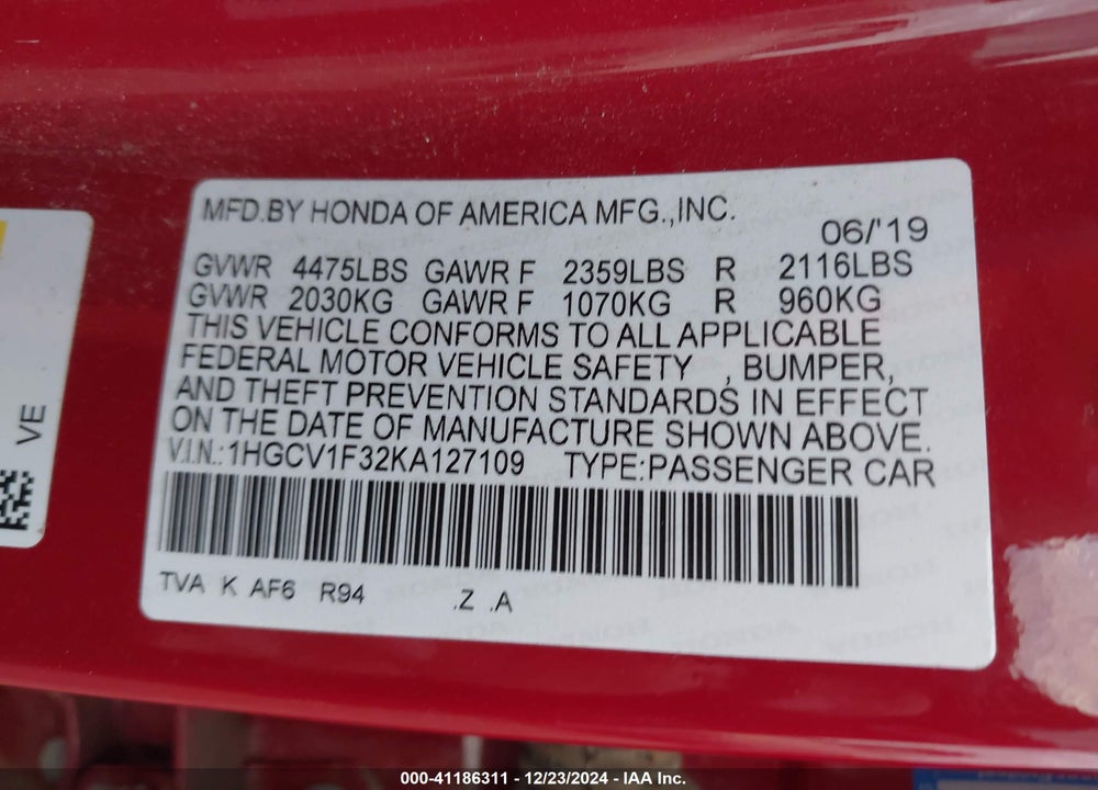 2019 HONDA ACCORD VIN: 1HGCV1F32KA127109