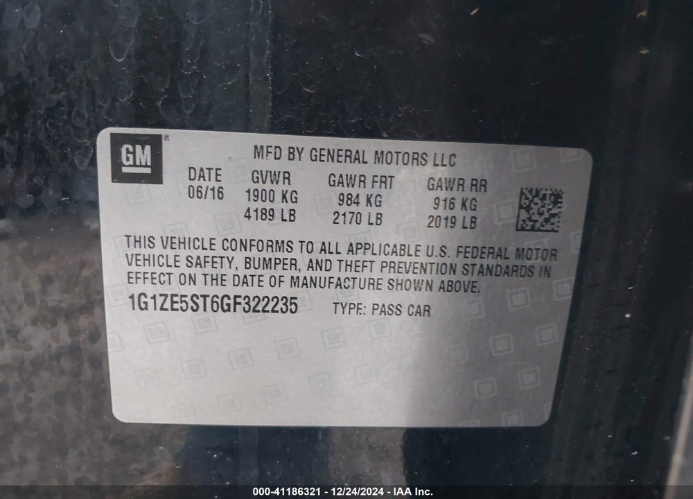 2016 CHEVROLET MALIBU VIN: 1G1ZE5ST6GF322235