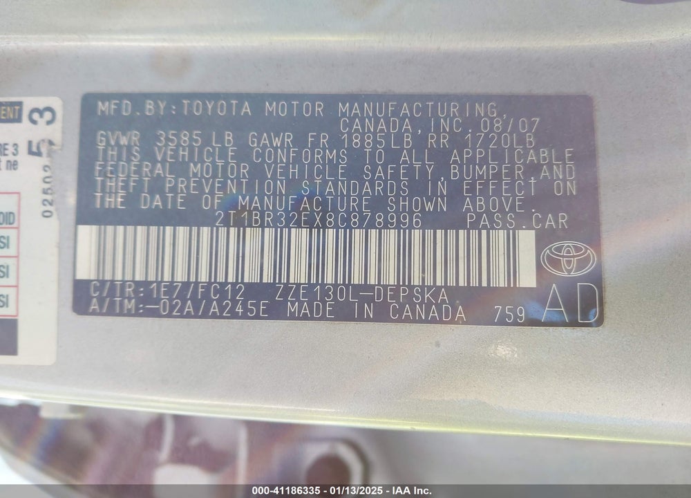 2008 TOYOTA COROLLA S VIN: 2T1BR32EX8C878996