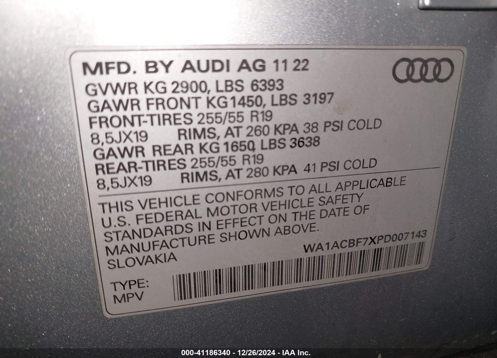 2023 AUDI Q7 PREMIUM 45 TFSI QUATTRO TIPTRONIC VIN: WA1ACBF7XPD007143