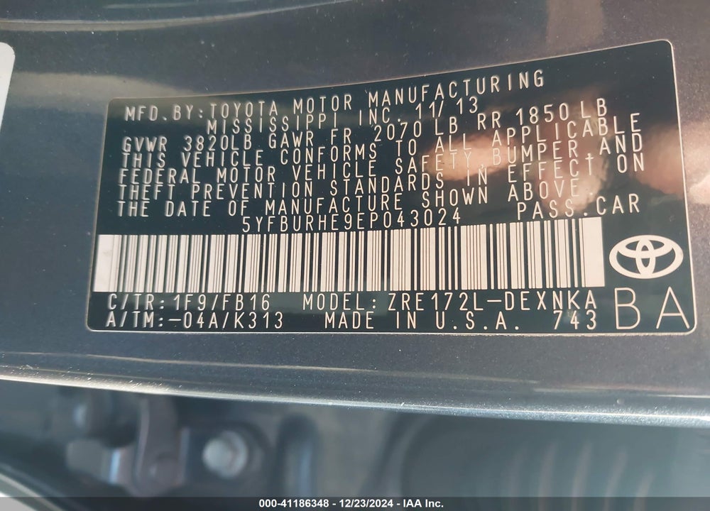 2014 TOYOTA COROLLA VIN: 5YFBURHE9EP043024