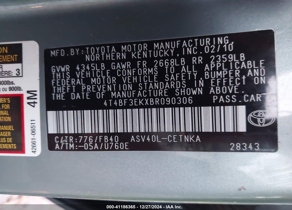 2011 TOYOTA CAMRY VIN: 4T4BF3EKXBR090306