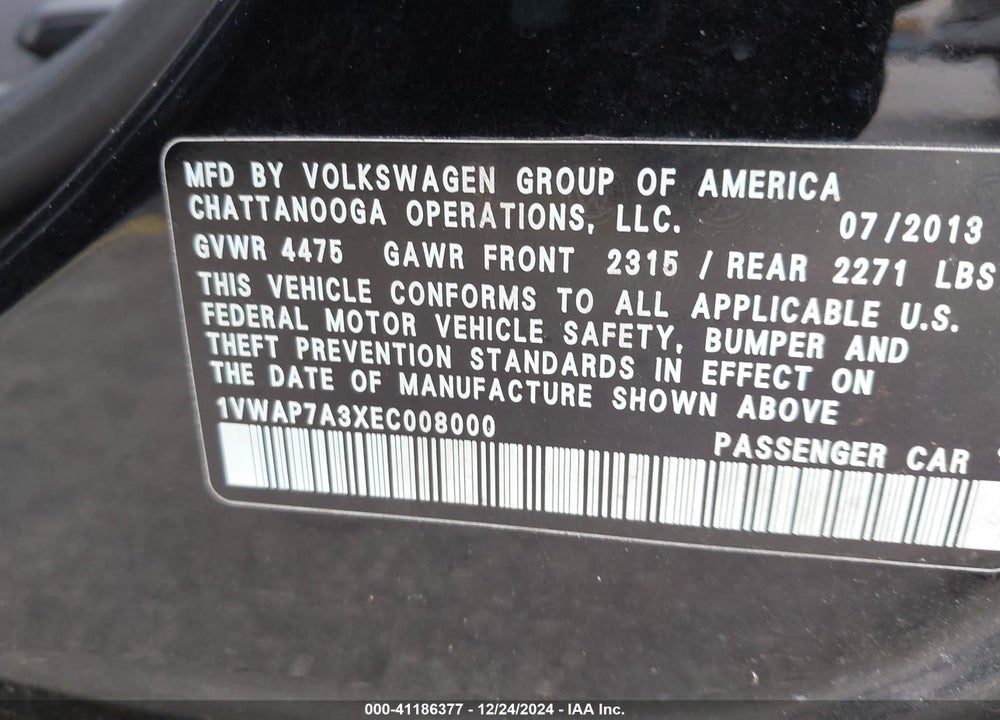 2014 VOLKSWAGEN PASSAT 2.5L WOLFSBURG EDITION VIN: 1VWAP7A3XEC008000