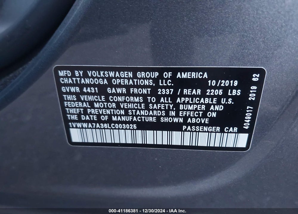 2020 VOLKSWAGEN PASSAT VIN: 1VWWA7A36LC003025