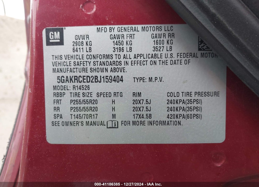 2011 BUICK ENCLAVE VIN: 5GAKRCED2BJ159404