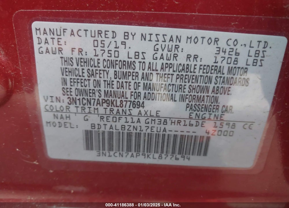 2019 NISSAN VERSA VIN: 3N1CN7AP9KL877694