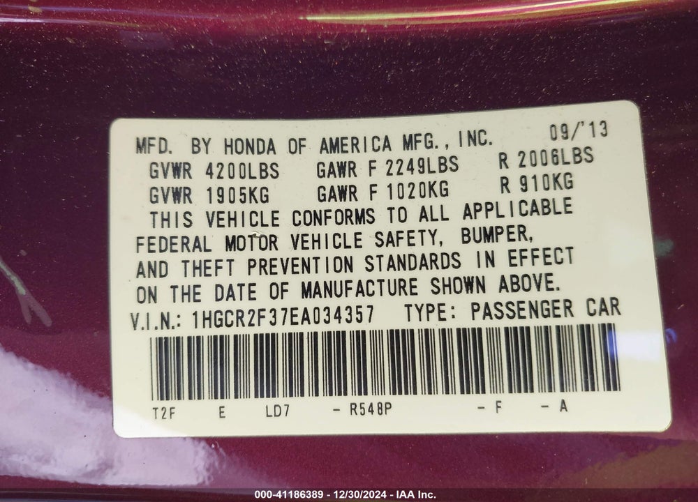 2014 HONDA ACCORD LX VIN: 1HGCR2F37EA034357