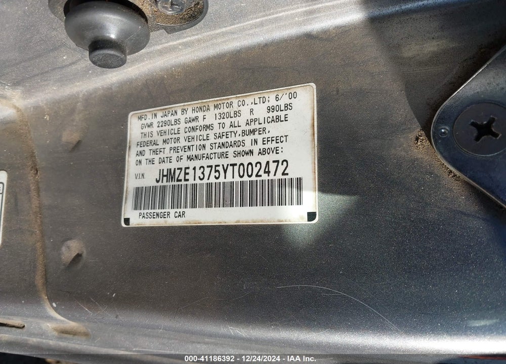 2000 HONDA INSIGHT VIN: JHMZE1375YT002472