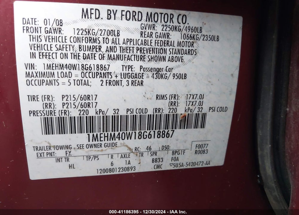 2008 MERCURY SABLE LUXURY VIN: 1MEHM40W18G618867