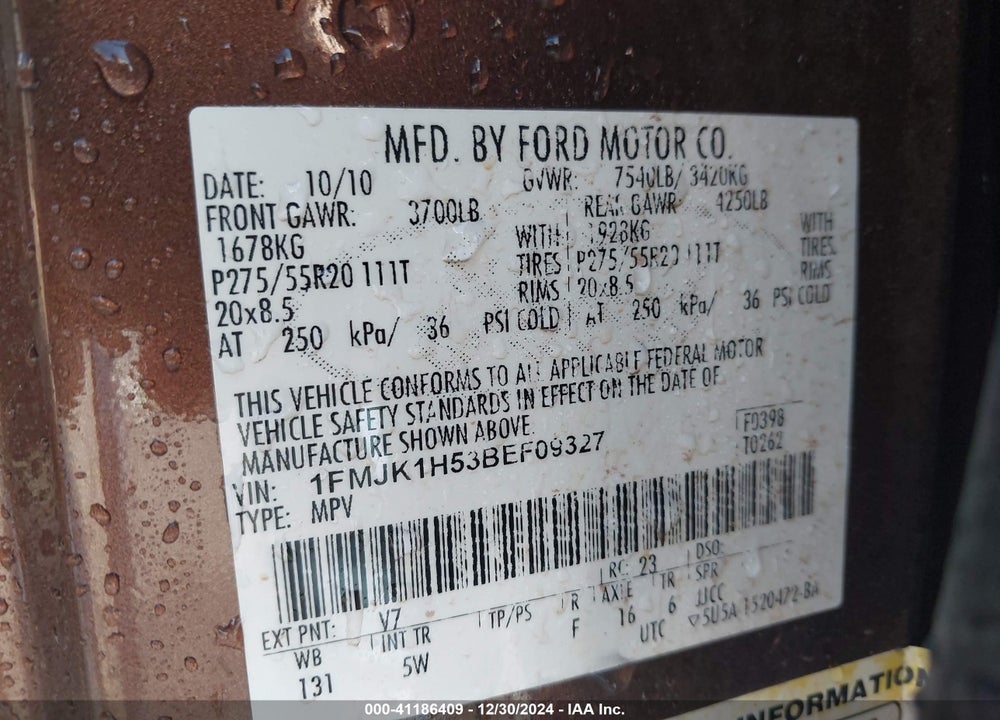 2011 FORD EXPEDITION EL KING RANCH VIN: 1FMJK1H53BEF09327