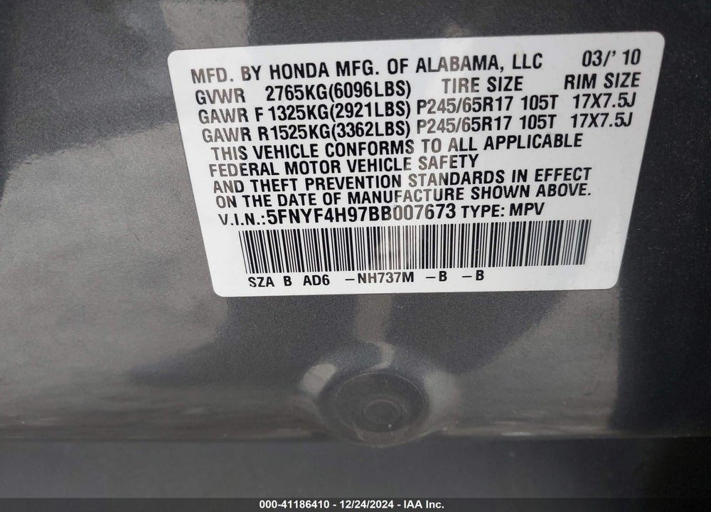 2011 HONDA PILOT TOURING VIN: 5FNYF4H97BB007673