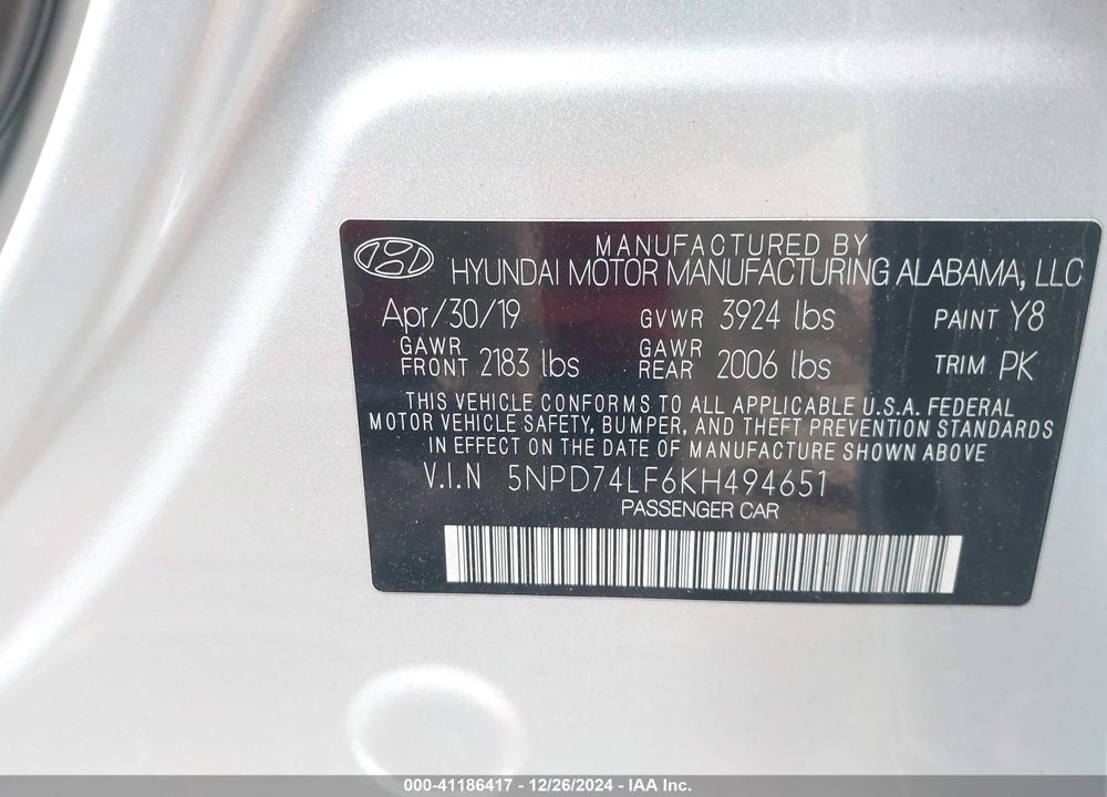2019 HYUNDAI ELANTRA SE VIN: 5NPD74LF6KH494651
