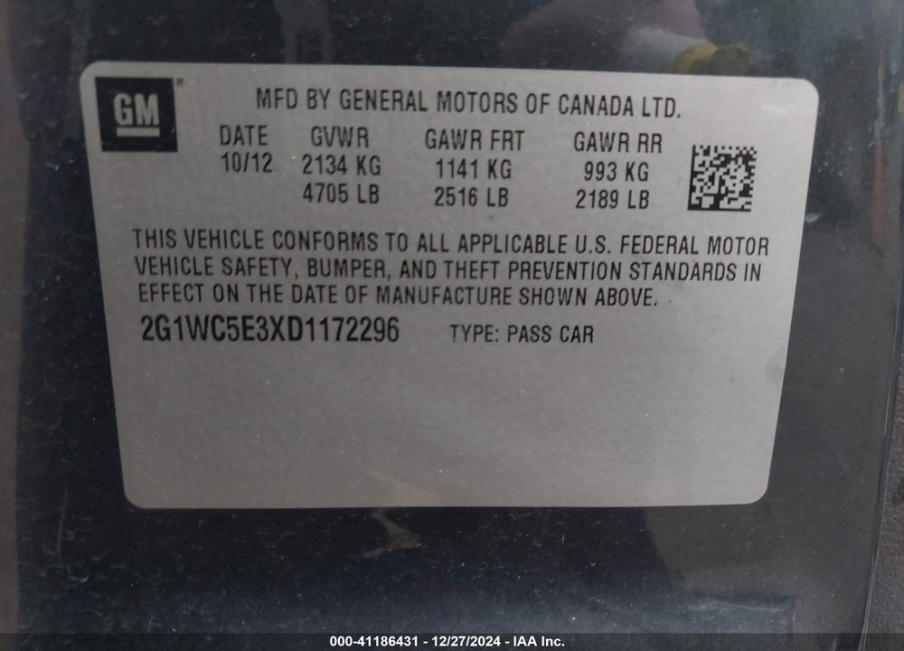 2013 CHEVROLET IMPALA VIN: 2G1WC5E3XD1172296
