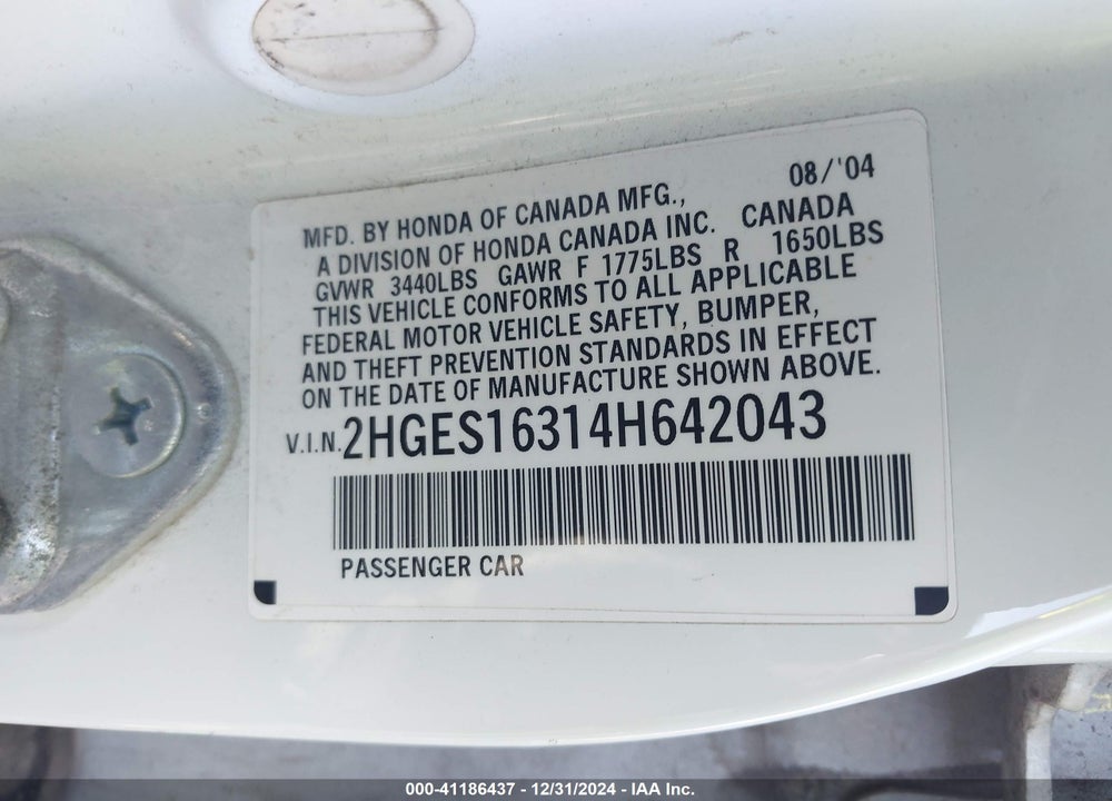 2004 HONDA CIVIC VP VIN: 2HGES16314H642043