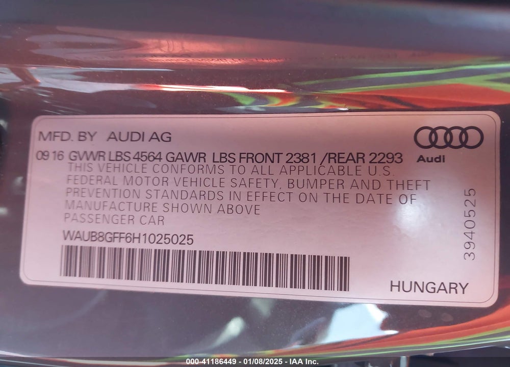 2017 AUDI A3 2.0T PREMIUM VIN: WAUB8GFF6H1025025