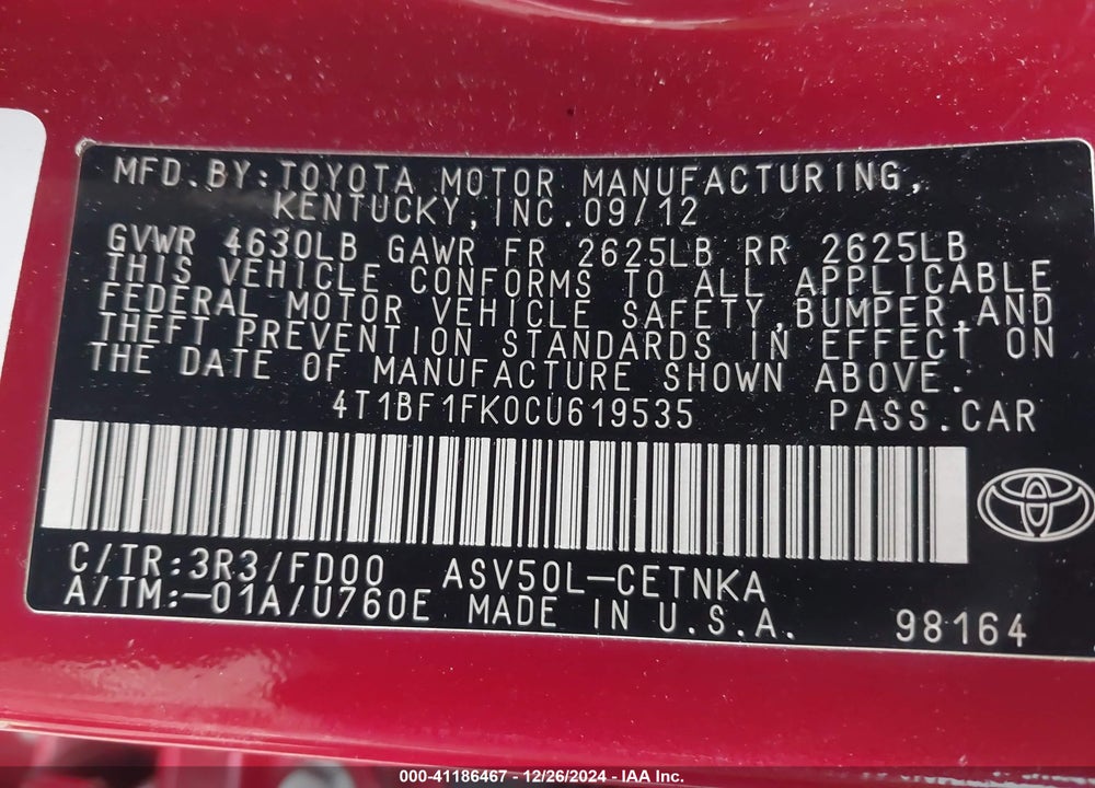 2012 TOYOTA CAMRY LE VIN: 4T1BF1FK0CU619535