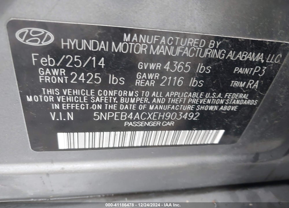 2014 HYUNDAI SONATA GLS VIN: 5NPEB4ACXEH903492
