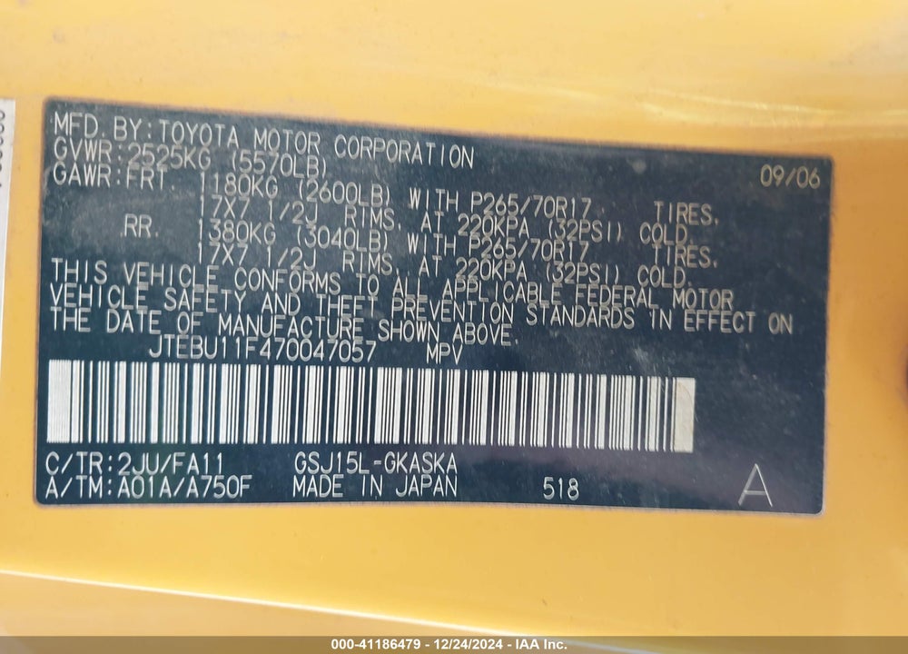 2007 TOYOTA FJ CRUISER VIN: JTEBU11F470047057