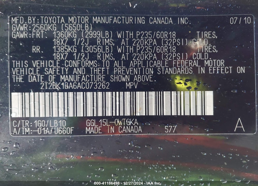 2010 LEXUS RX 350 BASE (A6) VIN: 2T2BK1BA6AC073262
