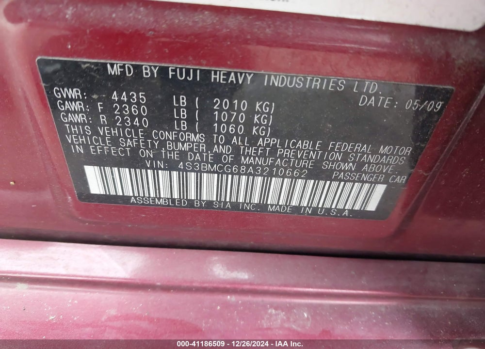 2010 SUBARU LEGACY 2.5I PREMIUM VIN: 4S3BMCG68A3210662