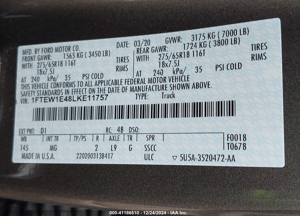 2020 FORD F-150 VIN: 1FTEW1E48LKE11757