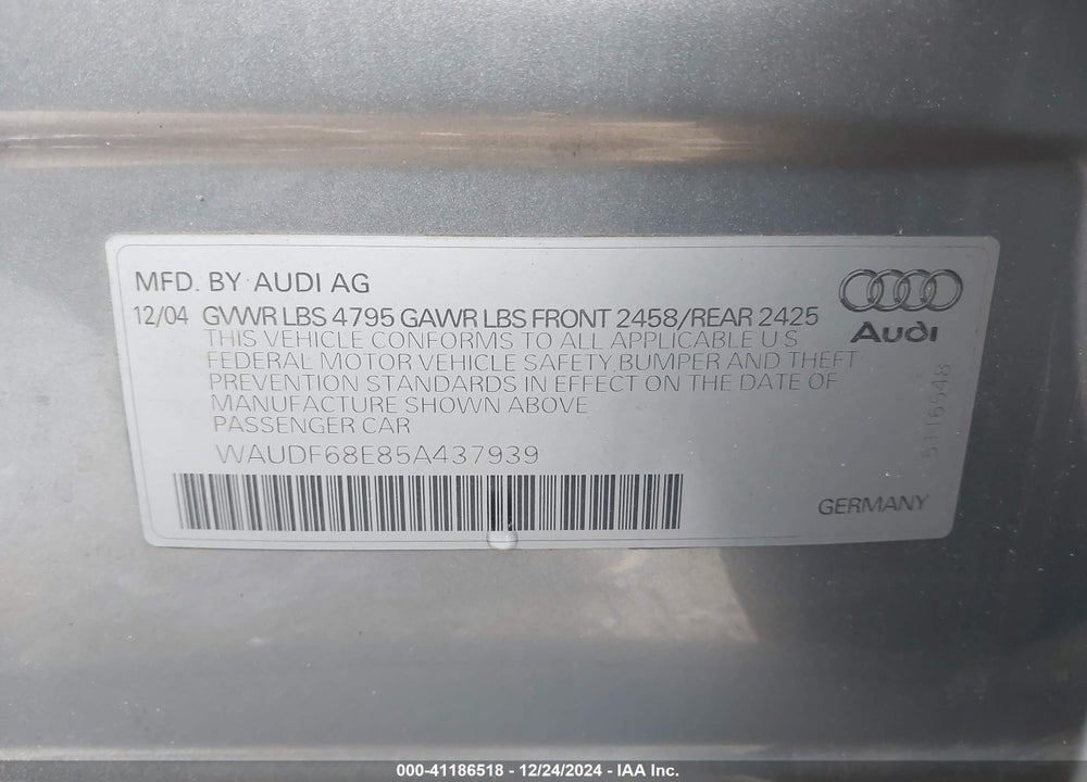 2005 AUDI A4 2.0T VIN: WAUDF68E85A437939
