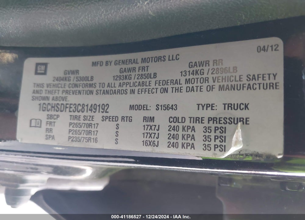 2012 CHEVROLET COLORADO VIN: 1GCHSDFE3C8149192