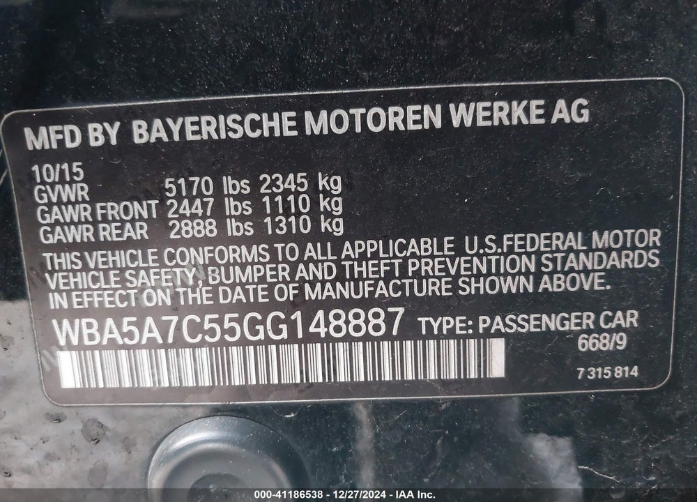 2016 BMW 528 VIN: WBA5A7C55GG148887
