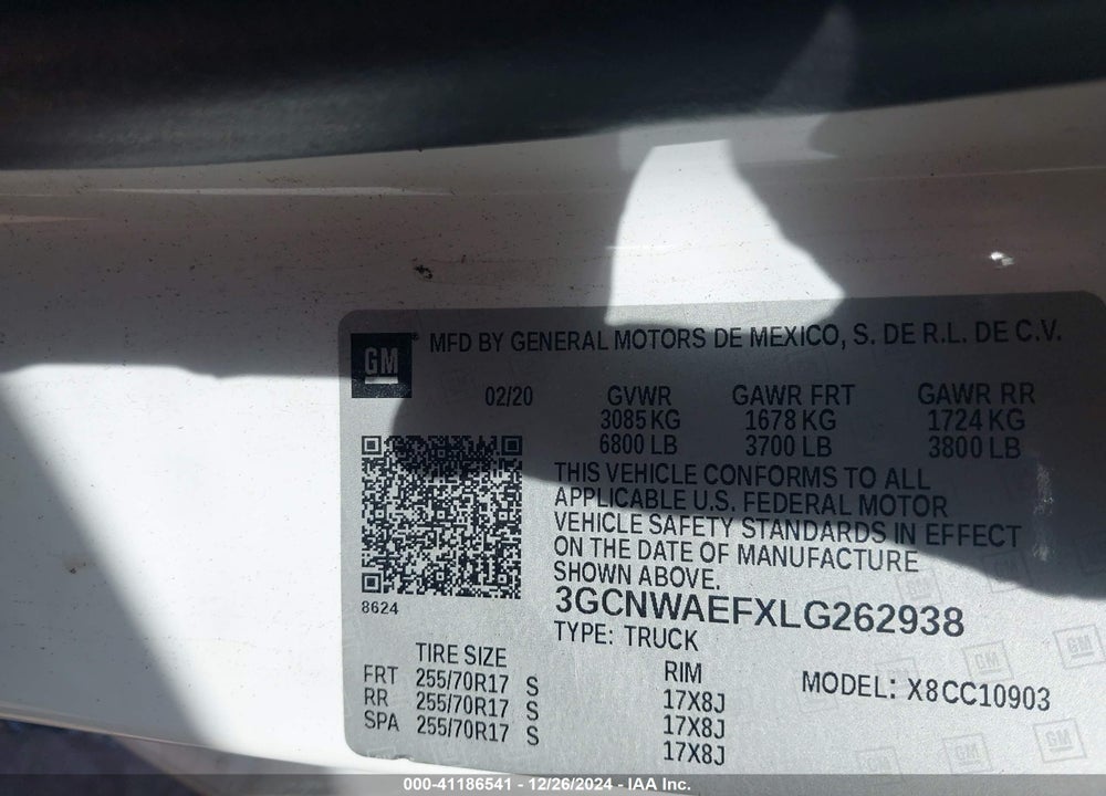 2020 CHEVROLET SILVERADO 1500 VIN: 3GCNWAEFXLG262938