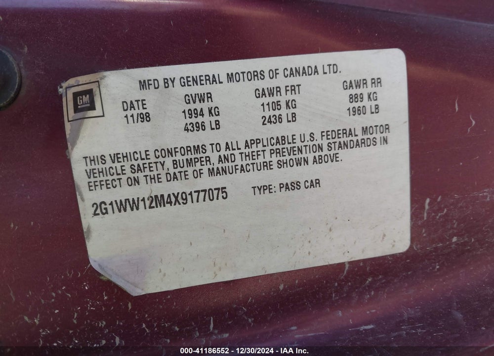 1999 CHEVROLET MONTE CARLO LS VIN: 2G1WW12M4X9177075