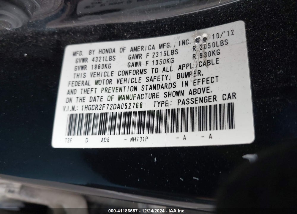 2013 HONDA ACCORD EX VIN: 1HGCR2F72DA052766