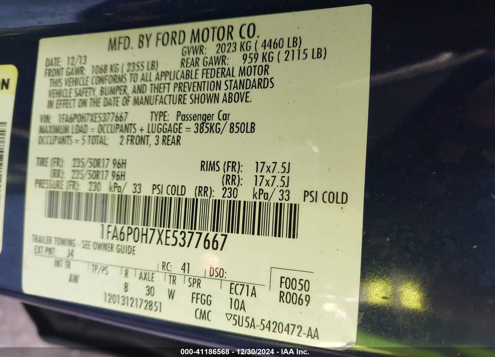 2014 FORD FUSION SE VIN: 1FA6P0H7XE5377667
