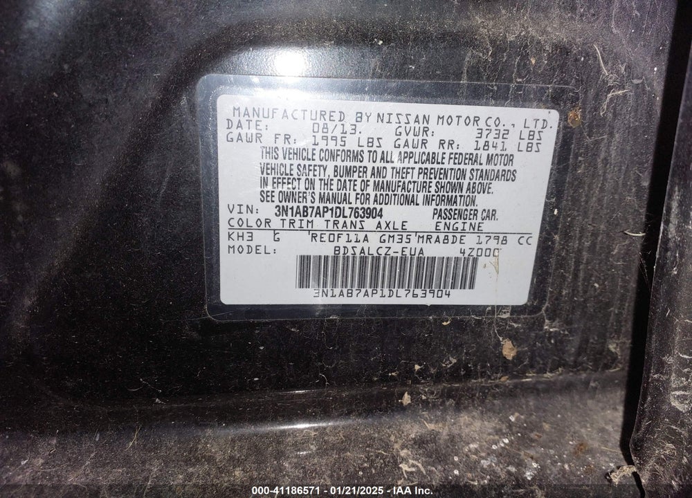 2013 NISSAN SENTRA S VIN: 3N1AB7AP1DL763904