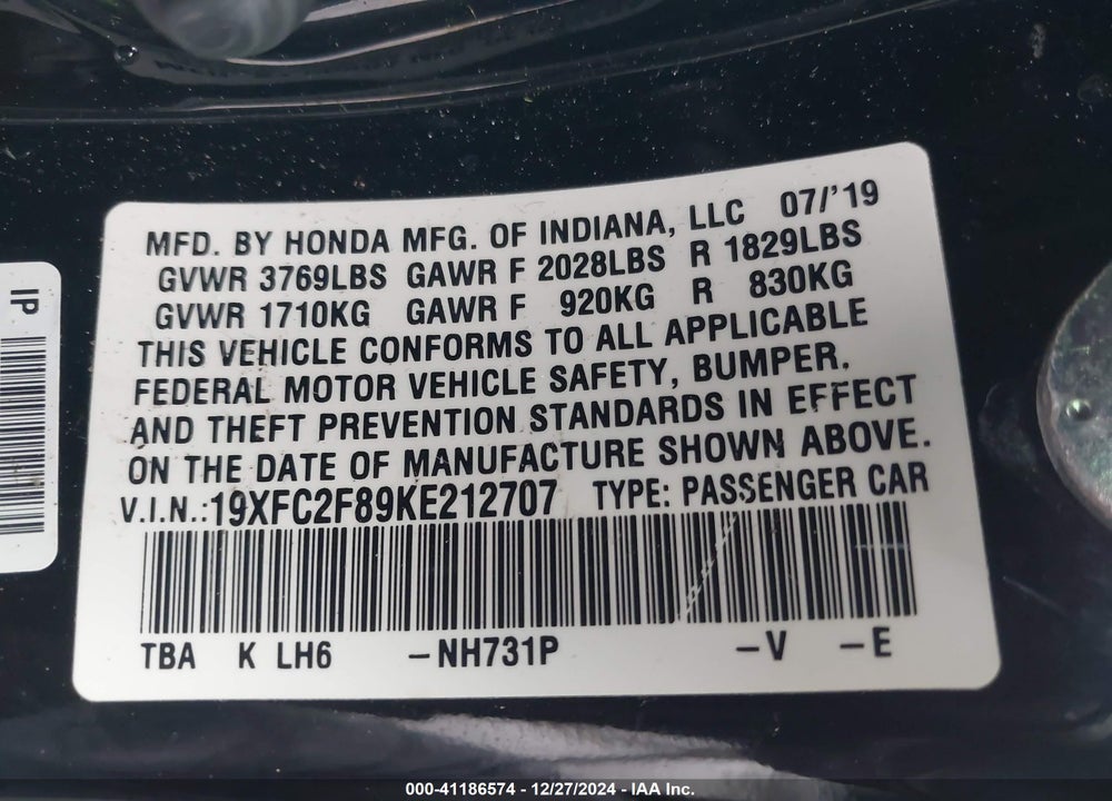 2019 HONDA CIVIC SPORT VIN: 19XFC2F89KE212707