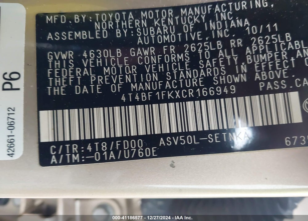 2012 TOYOTA CAMRY LE VIN: 4T4BF1FKXCR166949