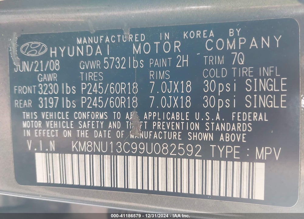 2009 HYUNDAI VERACRUZ GLS VIN: KM8NU13C99U082592
